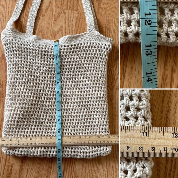 Handmade Crochet Shoulder Bag Neutral Boho Festival Beach Tote Summer Purse - Picture 9 of 11